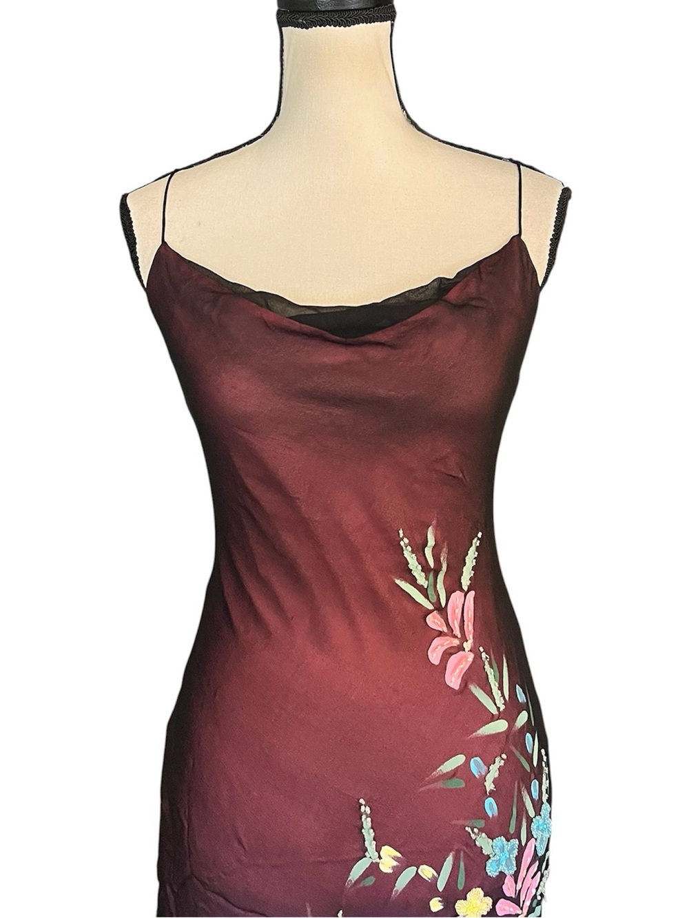 Vintage Betsey Johnson New York Silk Sheer Mesh Painted Beaded Floral Slip Dress - Picture 3 of 14